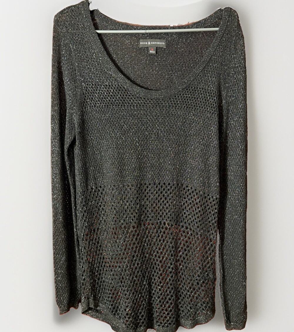 Rock & Republic Gothic Black with Sparking Mesh Top Size M Sheer Y2K Layering